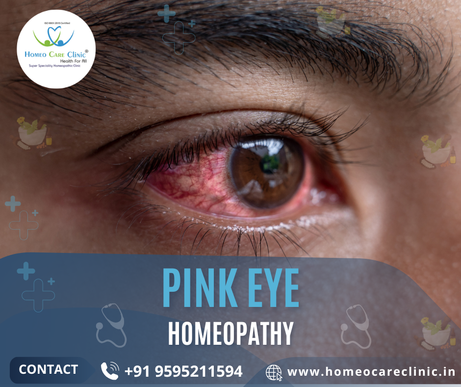 Text: Eye care setup with homeopathic remedies.